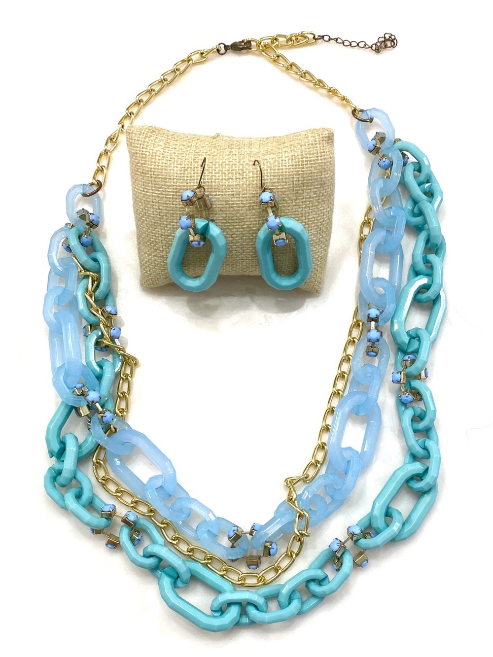 Vintage Aqua Layered Link Necklace and Earrings Set with Gold Chain Accents